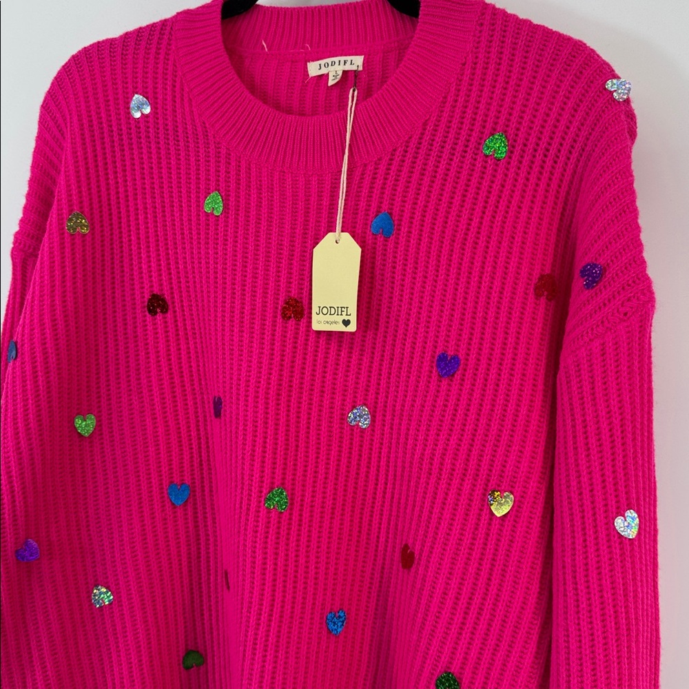 JODIFL Waffle Knit Vibrant Pink Sweater with Sequins Hearts Women's Size L NWT - Picture 6 of 9